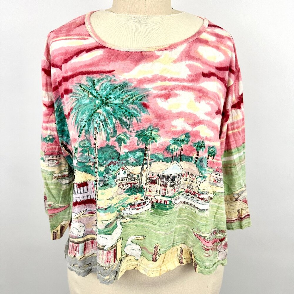 Vintage 1990s Top | Beaded | Graphic | Picturesque | Take Two | Plus | Knit